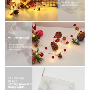 Close-up of LED Christmas garland with pine cones, red berries, needles, and bells