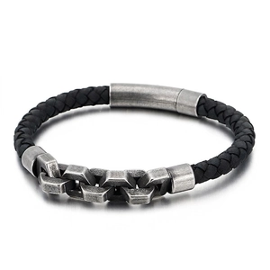 Men Braided Leather Bracelet With Stainless Steel Chain Retro Punk Style Wristband For Male Urban Fashion Casual Accessory