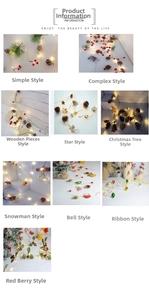 Close-up of LED Christmas string lights with pine cones, berries, and wooden reindeer decor