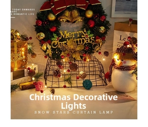Detail of warm white LED copper wire lights on a festive Christmas wreath and gift box