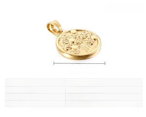 Detailed view of Tree of Life round pendant in gold steel with 29x25mm dimensions