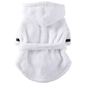 Plush white pet bathrobe with hood and black striped cuffs for dogs and cats