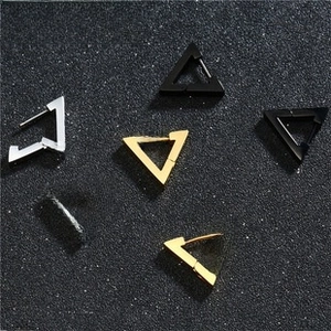 Polished stainless steel triangle hoop earrings in black, gold, and silver finishes