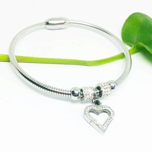 Silver stainless steel heart snake chain bracelet with sparkling rhinestones and magnetic clasp