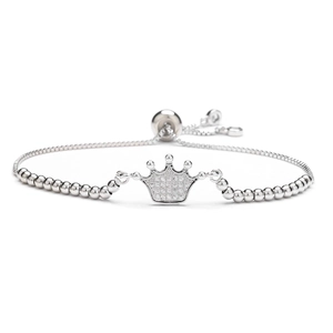 Silver crown bracelet with cubic zirconia detailing and adjustable sliding clasp closure