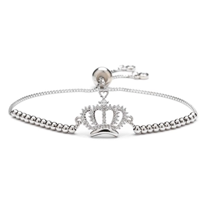 Adjustable crown charm bracelet with pavé-set cubic zirconia in polished silver finish