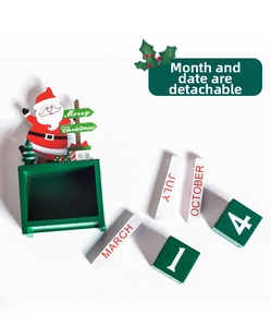 Detail of wooden Christmas countdown calendar with adjustable months and dates blocks