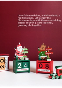 Detail of wooden Christmas countdown calendar with Santa and reindeer festive figurines