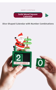 Close-up of wooden advent calendar with Santa motif and manual date blocks in forest green