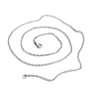 Detailed macro view of silver stainless steel O-chain necklace with secure lobster clasp