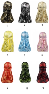 Grid view of nine silky durags with rose patterns in various metallic color combinations