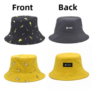 Dual-sided bucket hat featuring cartoon goose pattern and goose label details