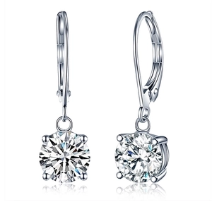 Classic silver leverback earrings with round-cut sparkling cubic zirconia in four-claw setting