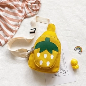 Detail of yellow canvas strawberry crossbody bag for kids with adjustable strap and print