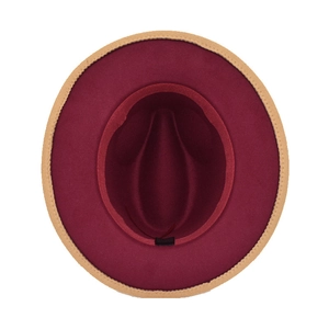British style burgundy wool fedora hat with tan brim contrast edge shown from above