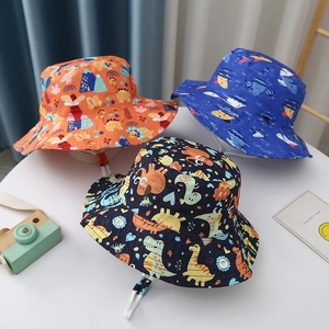 Kids Bucket Hat Cotton Polyester Cartoon Print Sun Protection Breathable Adjustable Windproof String Outdoor Summer