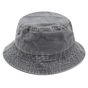 Detail of washed grey bucket hat with metal eyelets and reinforced stitching lines