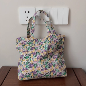 Floral Print Tote Bag Cotton Canvas Portable Handbag Fresh Pastoral Style Small Square Carry Bag For Women