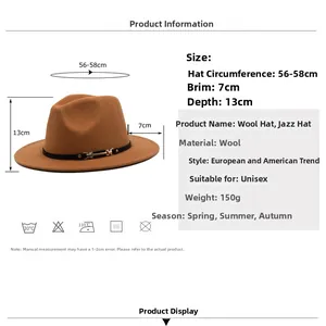 Cappello Fedora in feltro di lana marrone con tesa piatta da 7cm e guida alle taglie