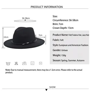 Classic black wool fedora hat with 7cm flat brim shown with product size chart measurements