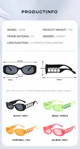 Detailed size chart for luxury rhinestone sunglasses showing dimensions and color options