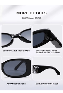 Detail of luxury sunglasses with large faceted crystal on the black temple arm