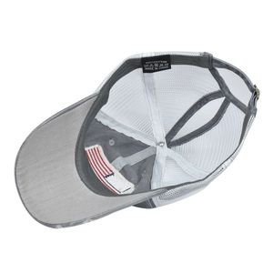 Detail of the cotton ponytail cap featuring inner mesh lining and US flag brim embroidery