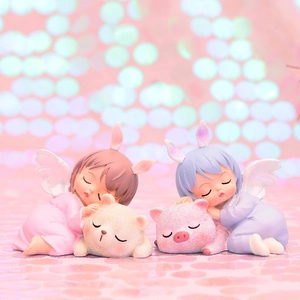 Cute resin angel girl figurines sleeping on pink bear and pig ornaments for decor