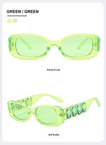 Macro detail of luxury green transparent sunglasses with rhinestone emerald accents