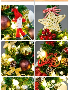 Detailed view of red knit dolls, golden stars and festive LED ornaments on the mini tree