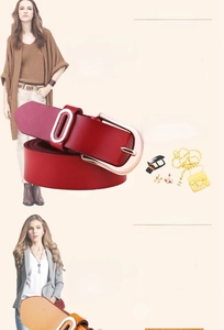 Detail of red and yellow leather belts featuring elegant gold metal buckles for women
