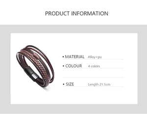 Detailed product information card for brown multilayer woven leather bracelet with alloy clasp