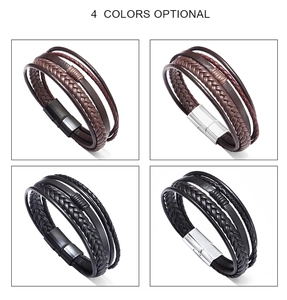 Detail view of four-layer leather bracelets featuring woven straps and magnetic buckles