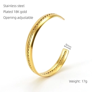 Detailed specs of 9mm wide 18K gold plated stainless steel cuff bangle on white background