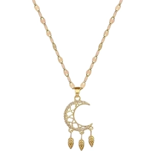 Luxurious gold crescent moon dreamcatcher necklace with sparkling crystal feather pendants