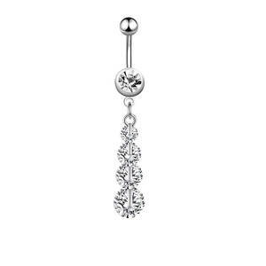 Close-up of silver steel belly ring with cascading gradient cubic zirconia butterfly pendant