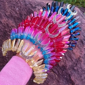 Multicolor natural crystal moon wicca crowns with quartz stones and crescent pendants