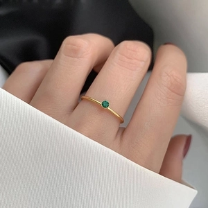 Minimalist Stainless Steel Ring Gold Plated Thin Band Single Round Green Gemstone Dainty Jewelry For Women