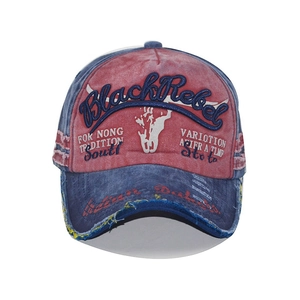Detail of vintage washed cotton baseball cap with intricate bull head embroidery