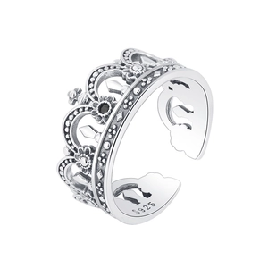 Retro 925 sterling silver crown open ring with black crystals and vintage finish