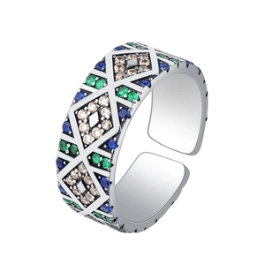 Vintage s925 silver angel eye ring with multi-color zircons and adjustable band