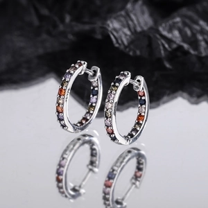 Elegant S925 sterling silver hoop earrings with multicolored cubic zirconia gemstones