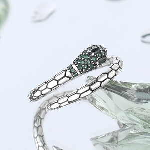 S925 sterling silver emerald snake open ring with green and black crystals for women