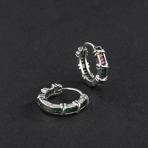 Elegant silver hoop earrings with vibrant multi-colored rectangular zircon gemstones