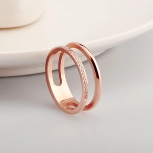 Double-layered rose gold titanium steel ring with micro-paved sparkling zircons