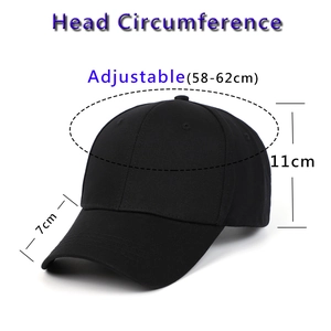 Detail view of black cotton baseball cap showing 58-62cm adjustable size and dimensions
