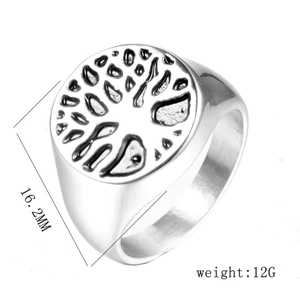 Silver tree of life stainless steel signet ring for men with embossed pattern detail
