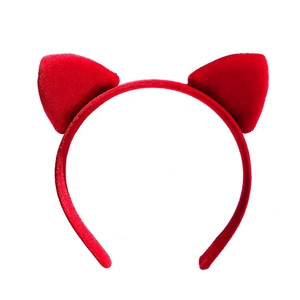 Cute red plush cat ear headband with soft velvet texture for women hair accessory