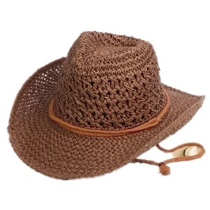 Brown woven straw cowboy hat with hollow patterns and adjustable drawstring for summer sun
