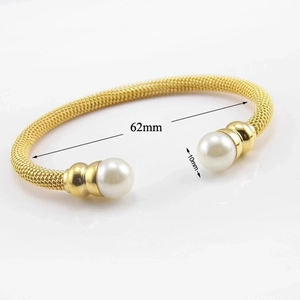 Rose gold mesh bangle with white pearls and 62mm inner diameter dimensions for women